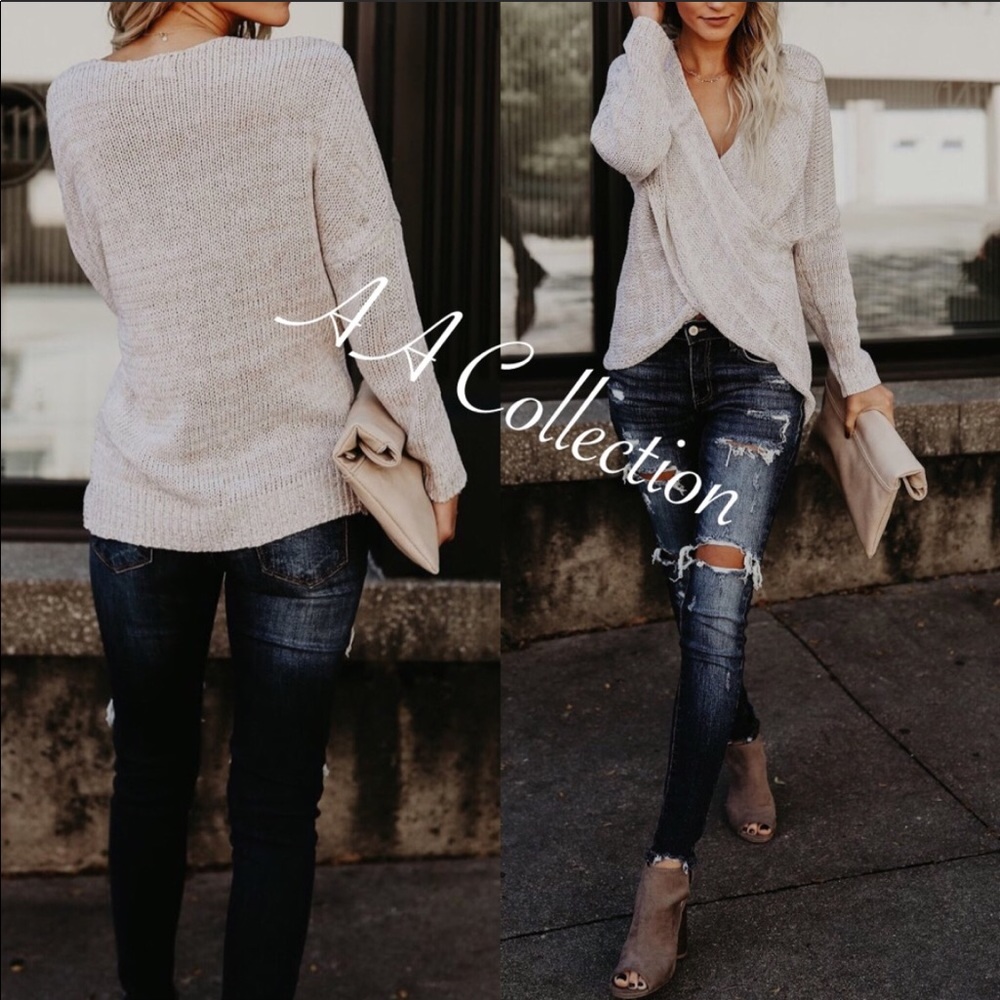 Oatmeal Criss Cross Faux Wrap Sweater - Picture 2 of 3